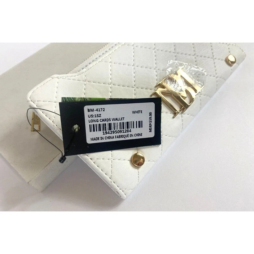 Badgley Mischka Card Wallet WHITE Quilted Zip Coin Purse Snap Designer NWT